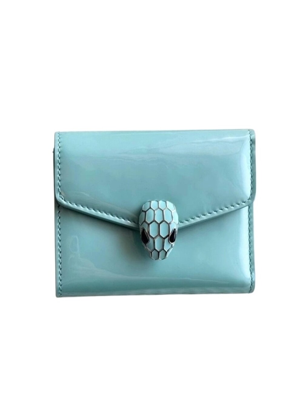 Bvlgari Serpenti Forever Trifold Wallet In Blue Aquamarine And Patwnt Leather.